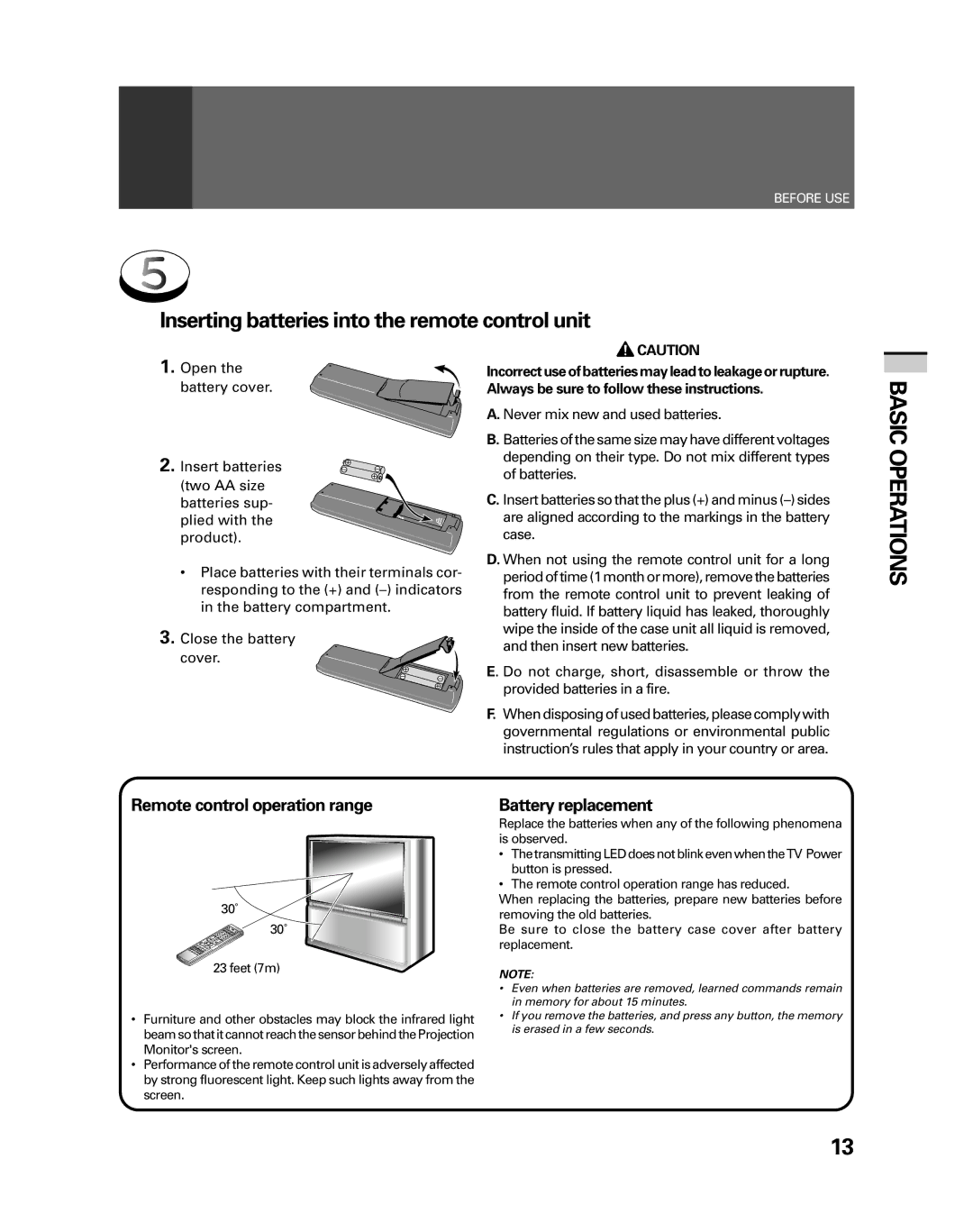 Pioneer PRO-530HDI Basic Operations, Inserting batteries into the remote control unit, Remote control operation range 