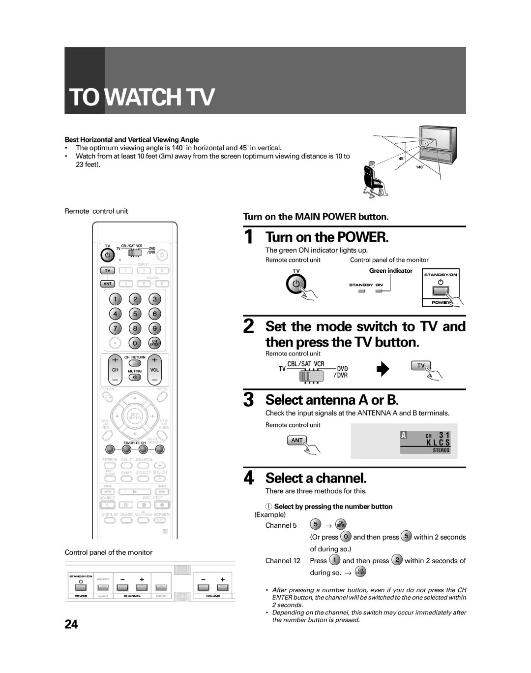 Pioneer PRO-730HDI, PRO-530HDI manual To Watch TV, Turn on the Main Power button, Best Horizontal and Vertical Viewing Angle 