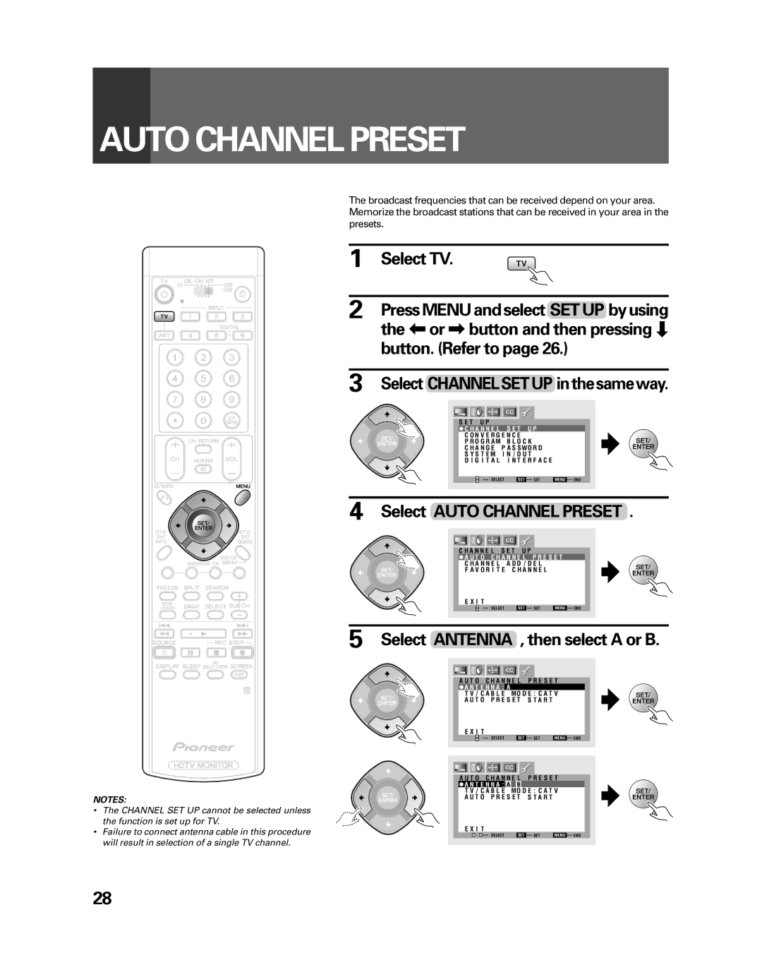 Pioneer PRO-730HDI, PRO-530HDI manual Auto Channel Preset, Select TV, Or \button and then pressing «, Button. Refer to 