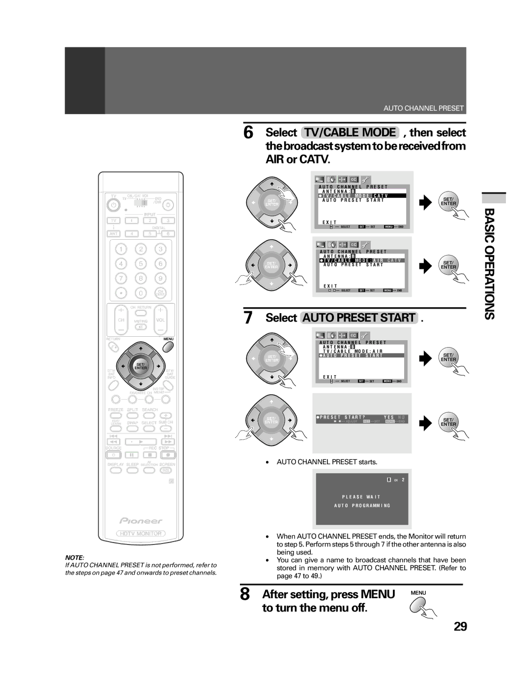 Pioneer PRO-530HDI, PRO-730HDI Select TV/CABLE Mode, AIR or Catv, Select Auto Preset Start, Auto Channel Preset starts 