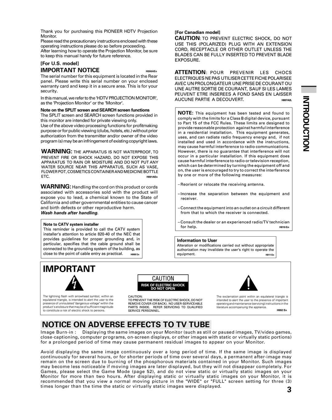 Pioneer PRO-530HDI, PRO-730HDI manual Introduction, Important Notice 