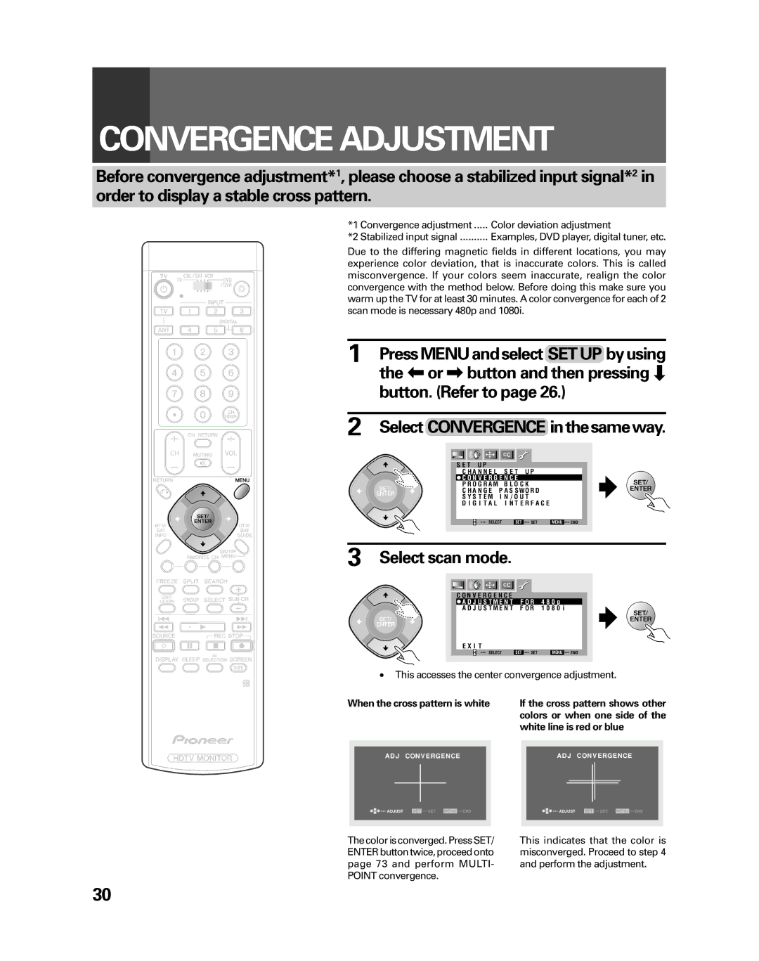 Pioneer PRO-730HDI, PRO-530HDI manual Convergence Adjustment, Select scan mode 