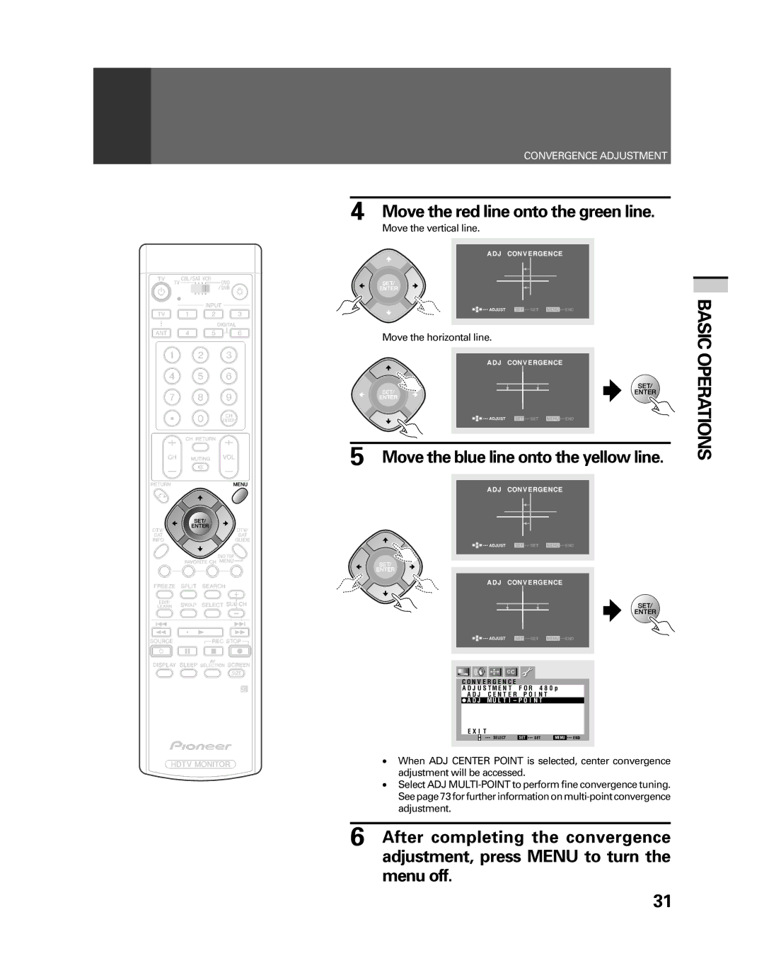 Pioneer PRO-530HDI Move the red line onto the green line, Move the blue line onto the yellow line, Move the vertical line 