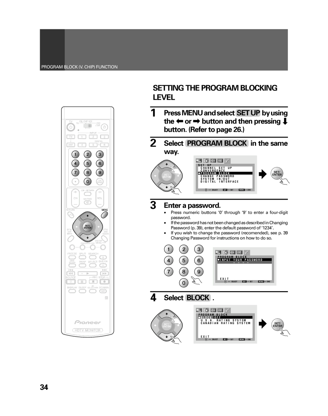 Pioneer PRO-730HDI, PRO-530HDI Setting the Program Blocking Level, Or \ button and then pressing «, Way, Enter a password 