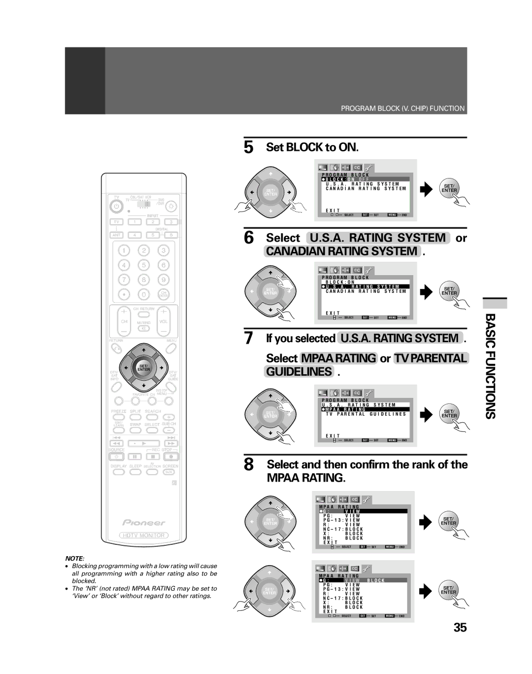 Pioneer PRO-530HDI, PRO-730HDI manual Set Block to on, Select U.S.A. Rating System or 