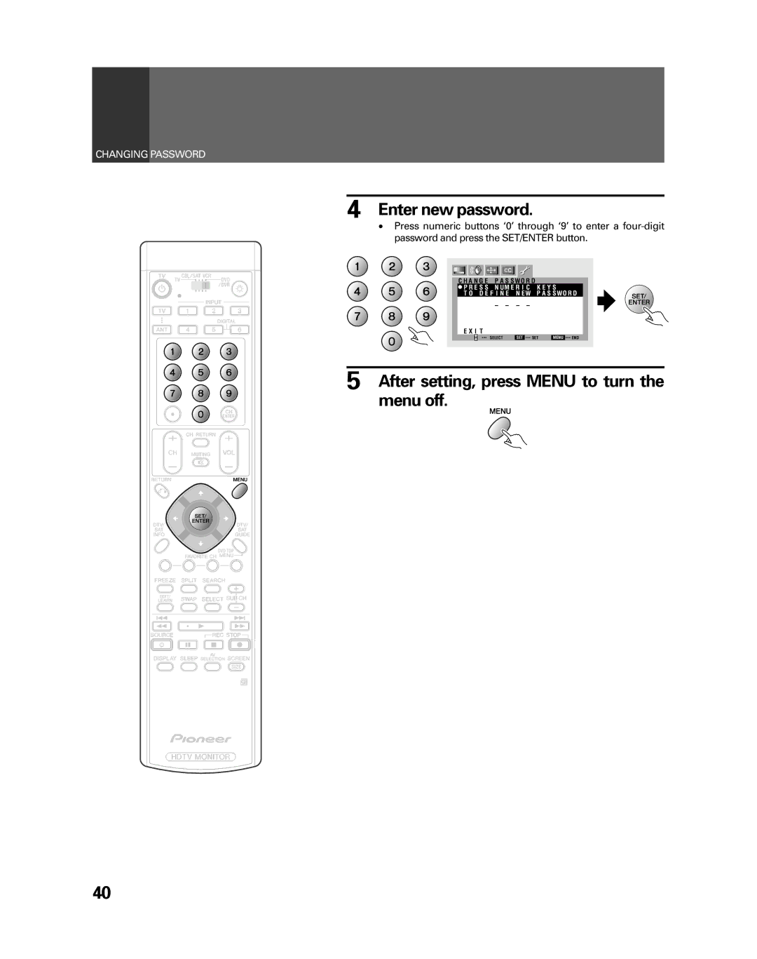 Pioneer PRO-730HDI, PRO-530HDI manual Enter new password, After setting, press Menu to turn the menu off 