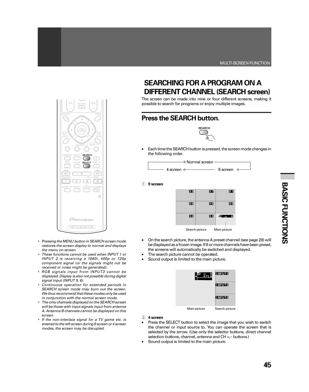 Pioneer PRO-530HDI, PRO-730HDI manual Press the Search button, Screen 