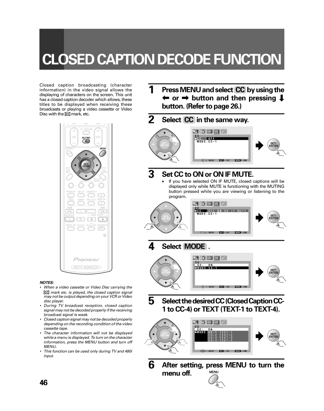 Pioneer PRO-730HDI, PRO-530HDI manual Closed Caption Decode Function, Select Mode 