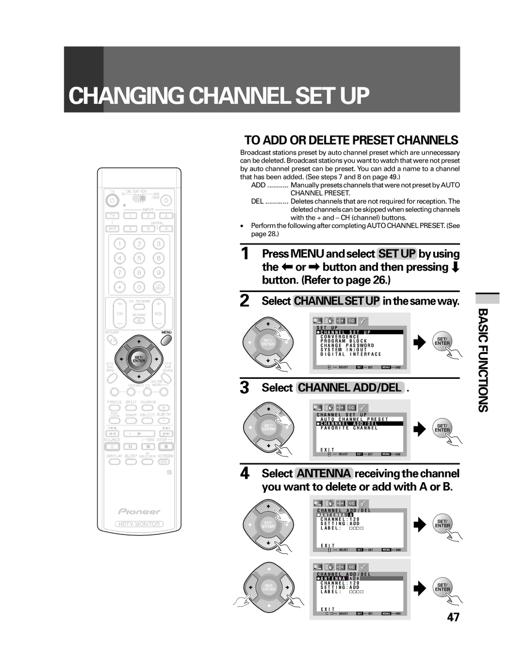 Pioneer PRO-530HDI, PRO-730HDI manual Changing Channel SET UP, Select Channel ADD/DEL, Channel Preset 