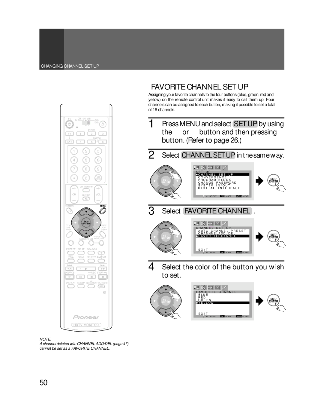 Pioneer PRO-730HDI, PRO-530HDI manual Favorite Channel SET UP, Select Favorite Channel, To set 