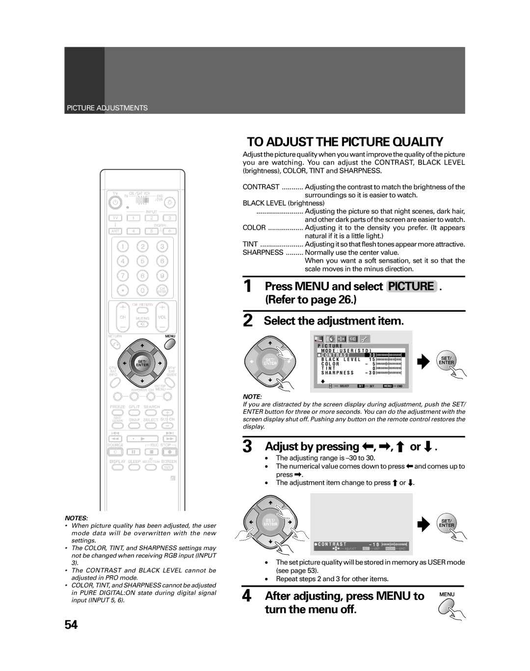 Pioneer PRO-730HDI, PRO-530HDI manual To Adjust the Picture Quality, Select the adjustment item, Turn the menu off 