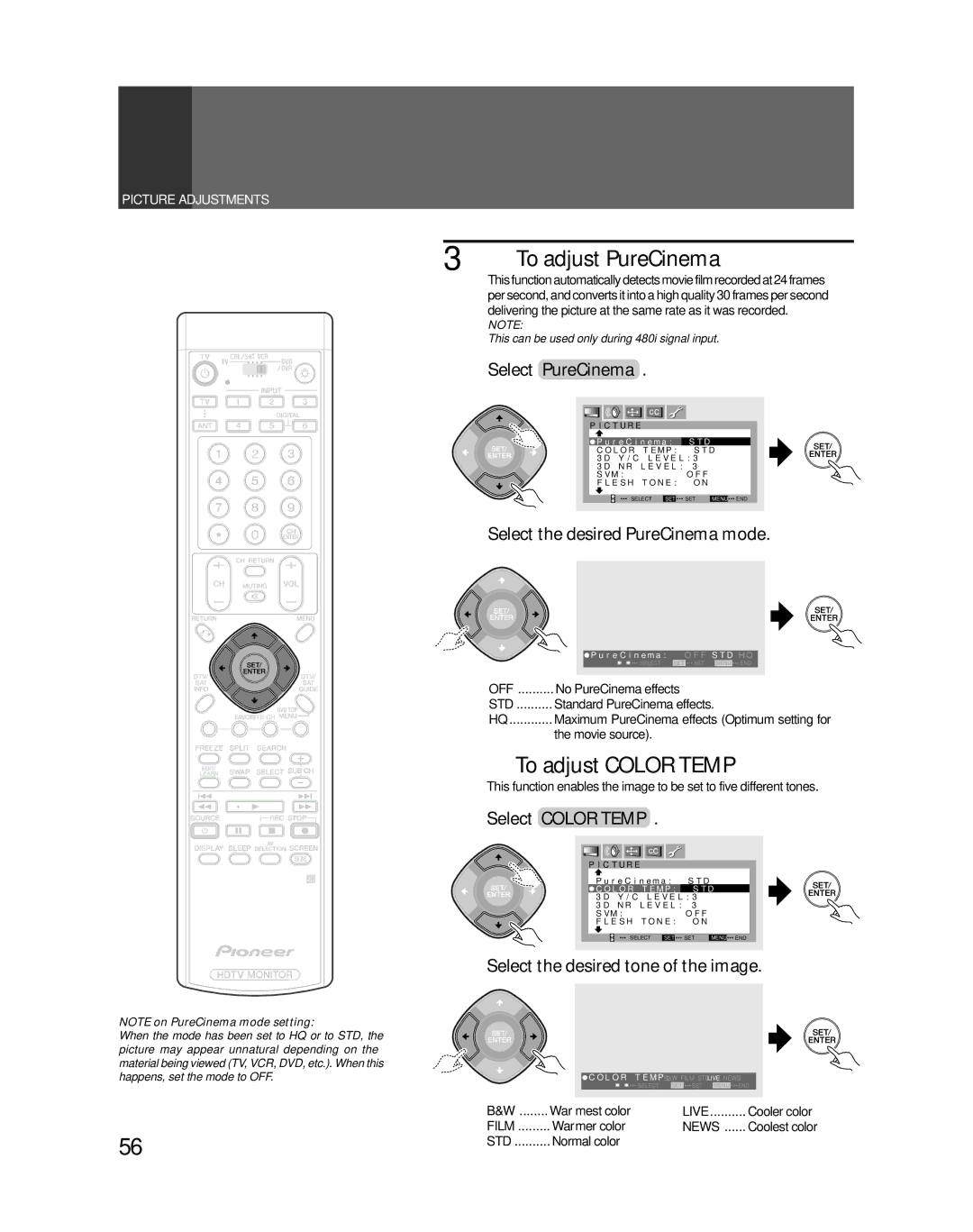 Pioneer PRO-730HDI manual To adjust PureCinema, To adjust Color Temp, Select PureCinema, Select the desired PureCinema mode 