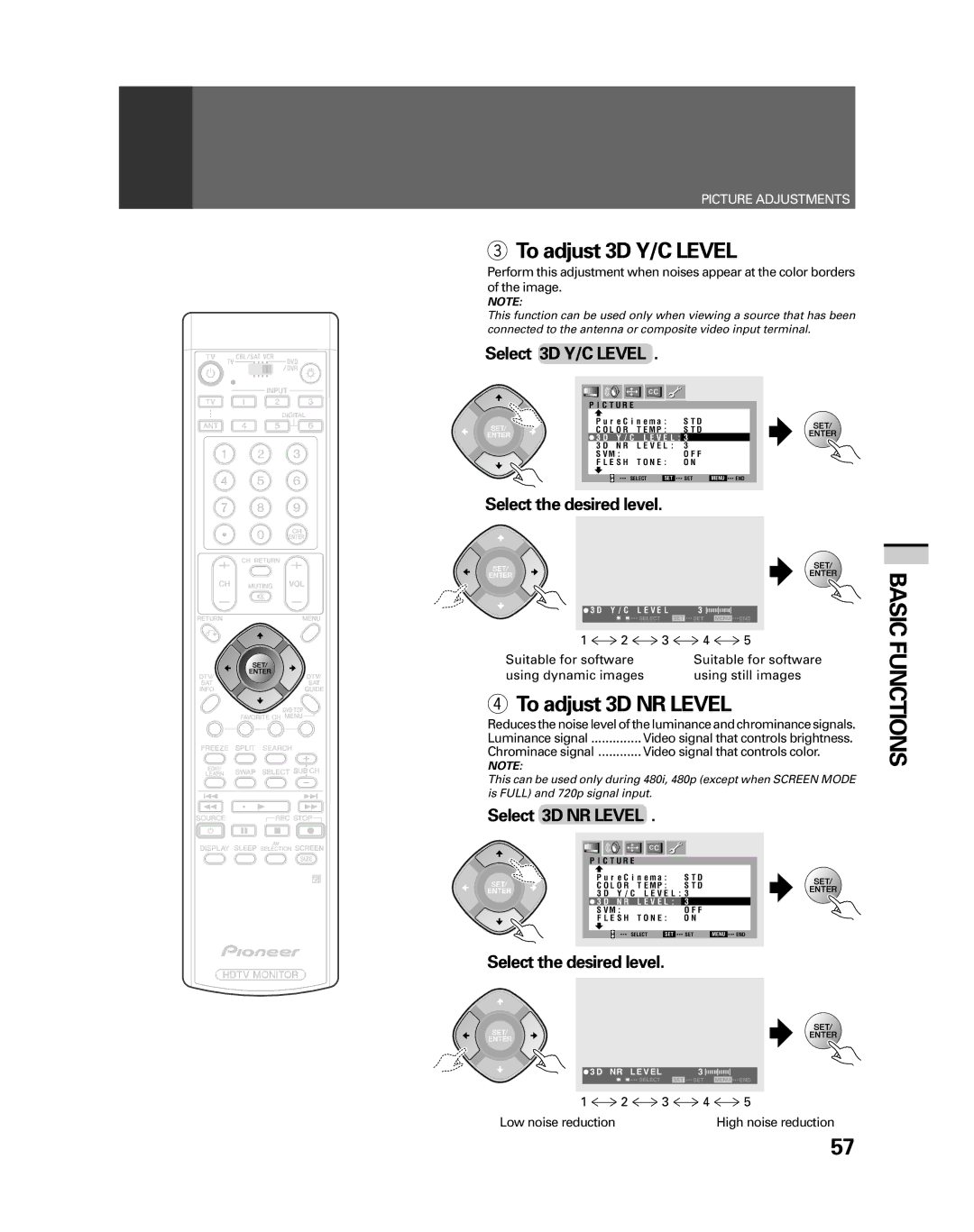 Pioneer PRO-530HDI manual To adjust 3D Y/C Level, To adjust 3D NR Level, Select 3D Y/C Level, Select the desired level 