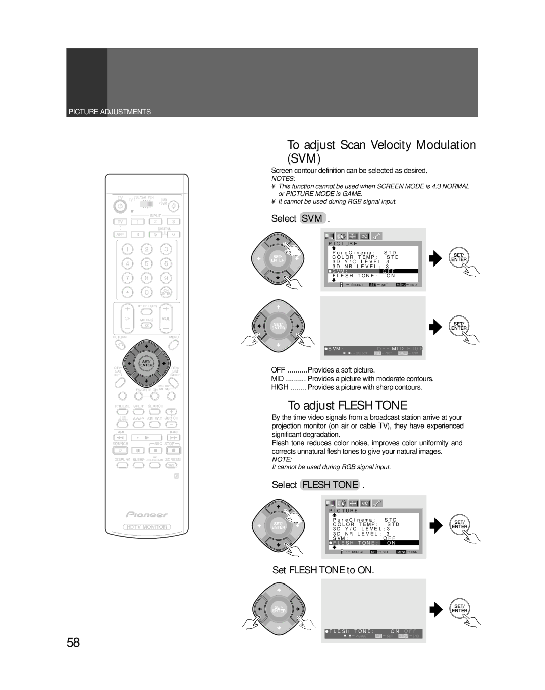 Pioneer PRO-730HDI, PRO-530HDI To adjust Scan Velocity Modulation SVM, To adjust Flesh Tone, Select SVM, Select Flesh Tone 