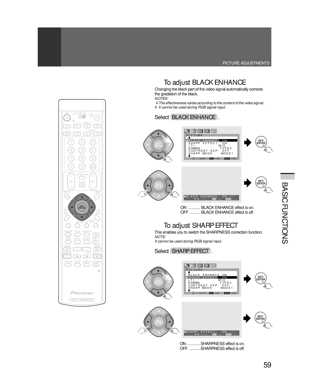 Pioneer PRO-530HDI, PRO-730HDI To adjust Black Enhance, To adjust Sharp Effect, Select Black Enhance, Select Sharp Effect 