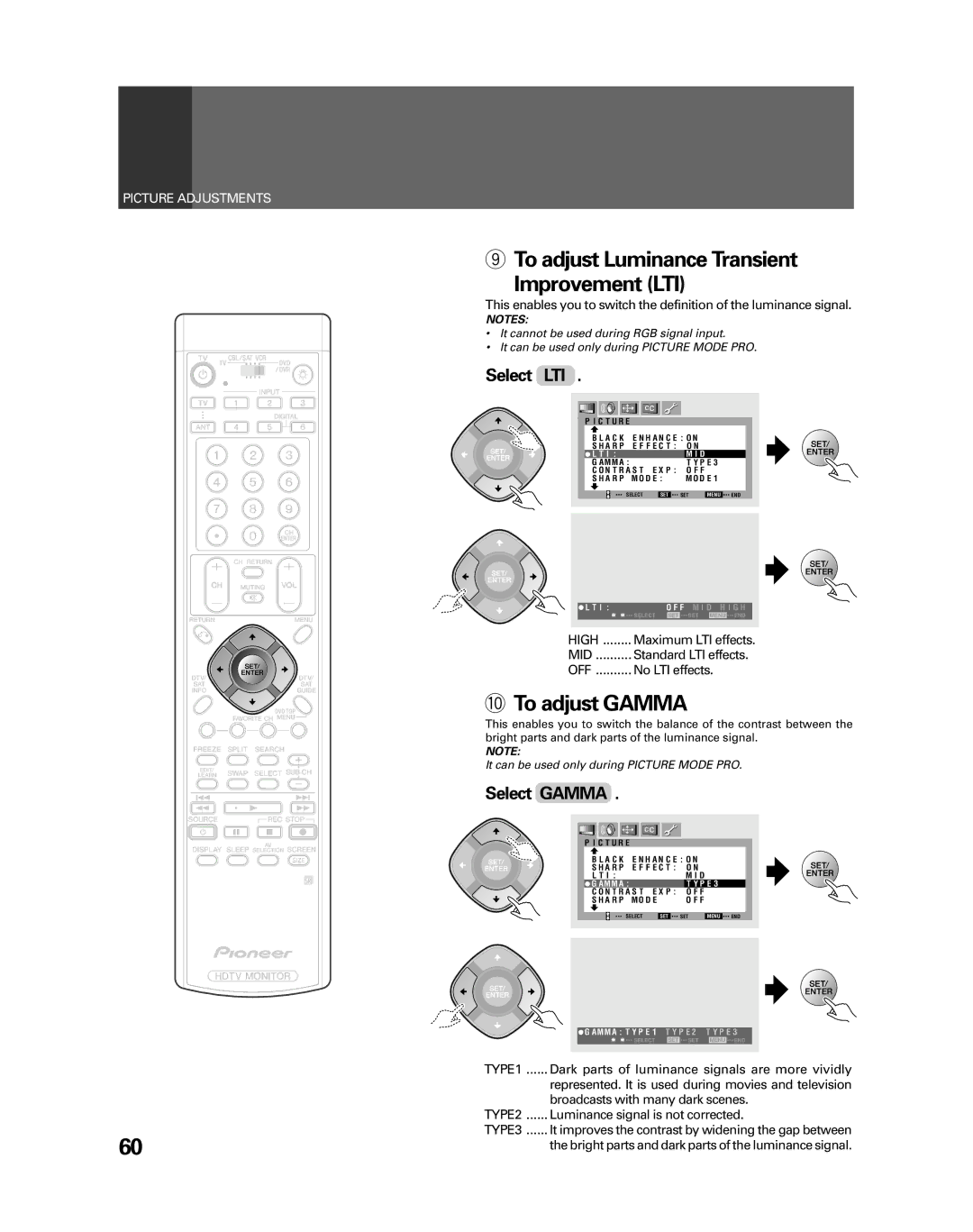 Pioneer PRO-730HDI manual To adjust Luminance Transient Improvement LTI, To adjust Gamma, Select LTI, Select Gamma, Mid 