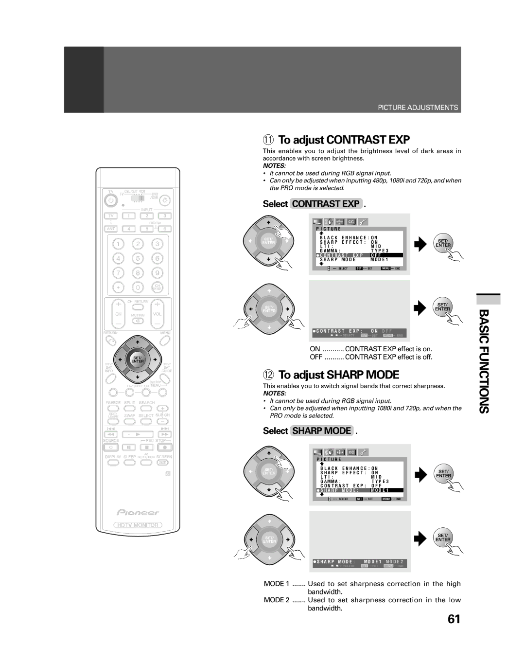 Pioneer PRO-530HDI, PRO-730HDI manual To adjust Contrast EXP, = To adjust Sharp Mode, Select Contrast EXP, Select Sharp Mode 