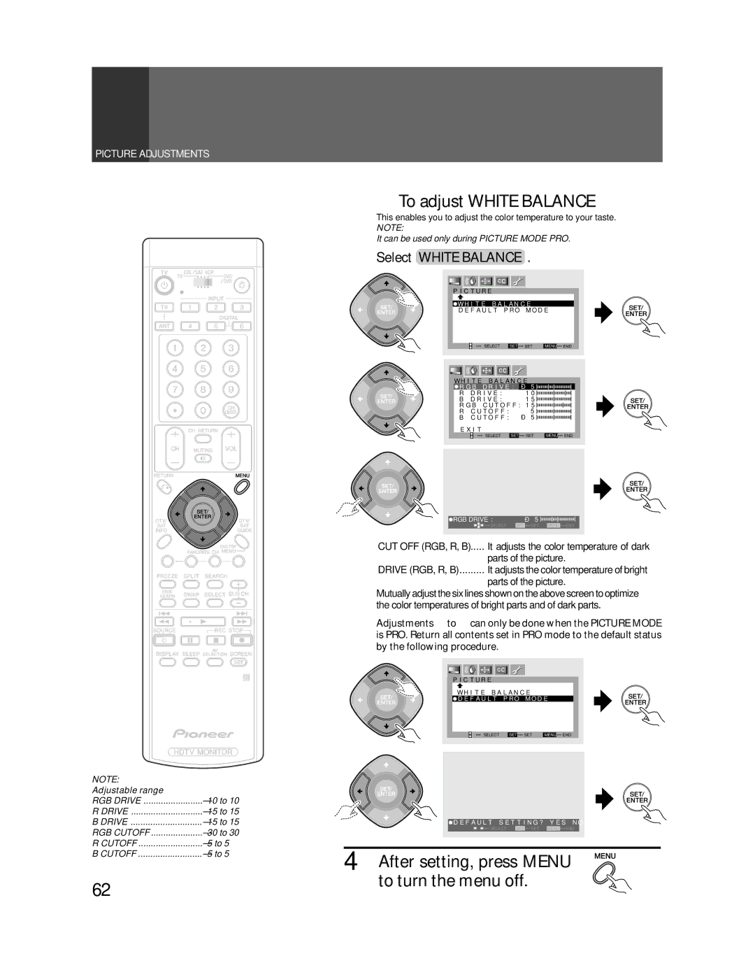 Pioneer PRO-730HDI, PRO-530HDI manual ~ To adjust White Balance, Select White Balance 