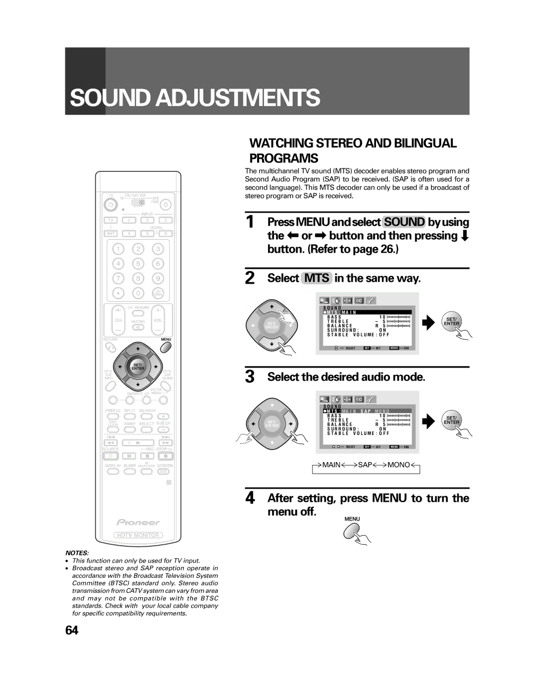 Pioneer PRO-730HDI Sound Adjustments, Watching Stereo and Bilingual Programs, Select MTS in the same way, Main SAP Mono 