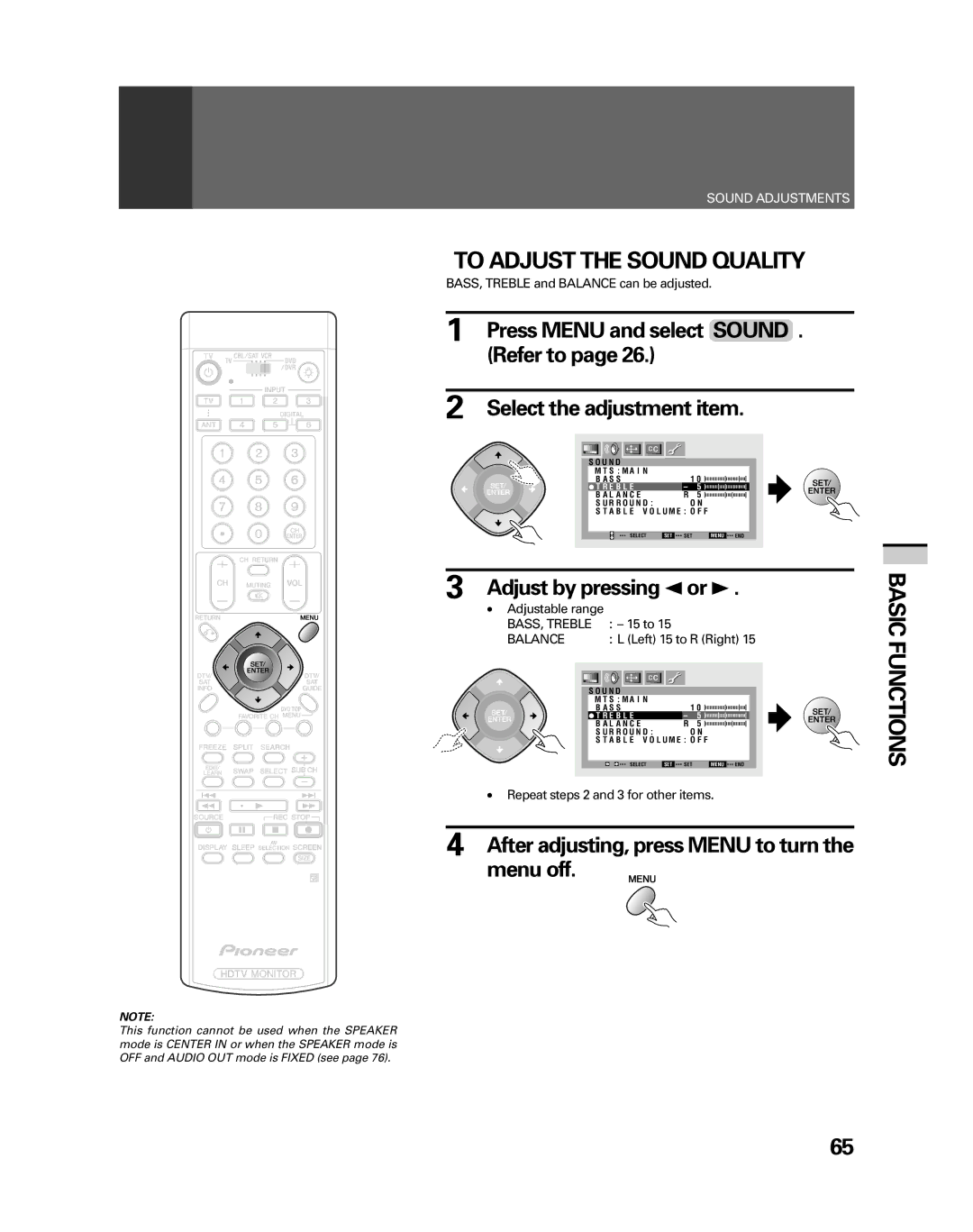 Pioneer PRO-530HDI manual To Adjust the Sound Quality, Refer to Select the adjustment item, Adjust by pressing 2or, 15 to 