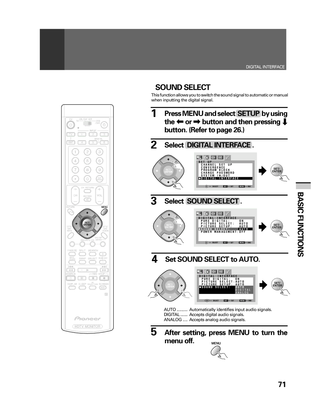 Pioneer PRO-530HDI, PRO-730HDI manual Select Sound Select, Set Sound Select to Auto 