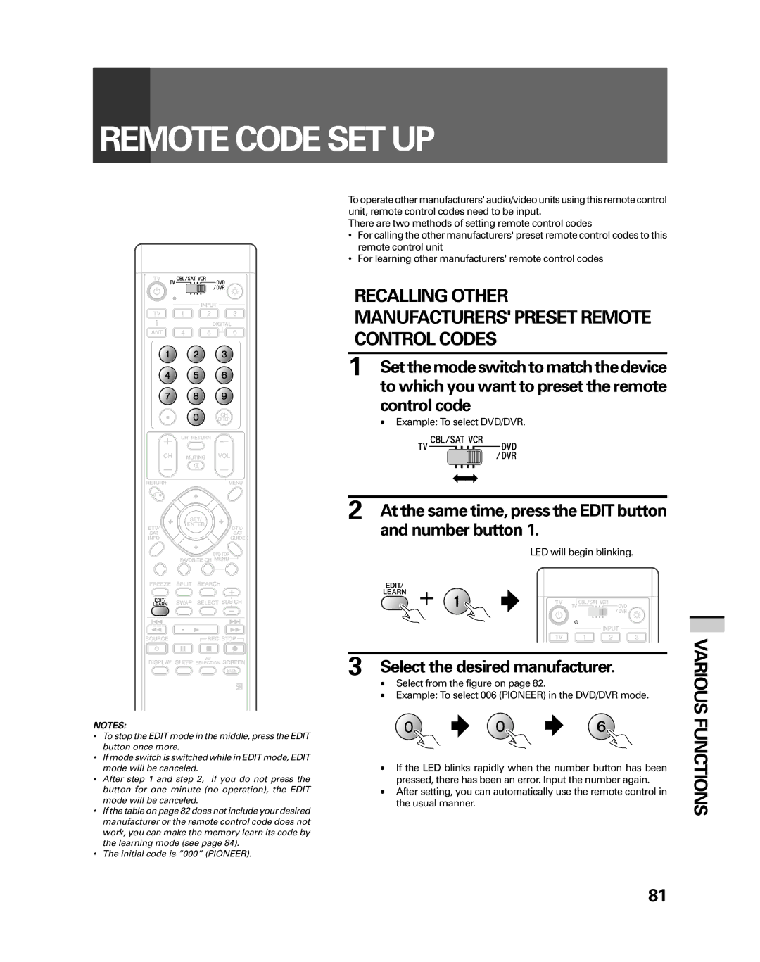 Pioneer PRO-530HDI, PRO-730HDI manual Remote Code SET UP, Recalling Other Manufacturers Preset Remote Control Codes 