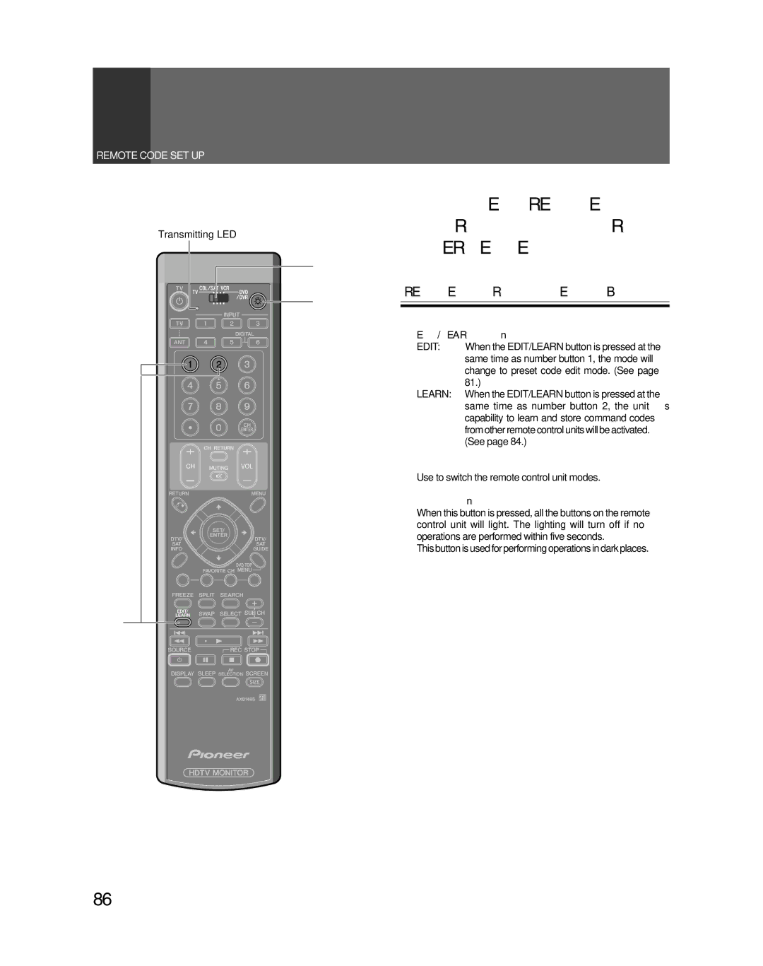 Pioneer PRO-730HDI manual Using the TV Remote Control Unit to Control Other Devices, Remote Control Unit Setting Buttons 