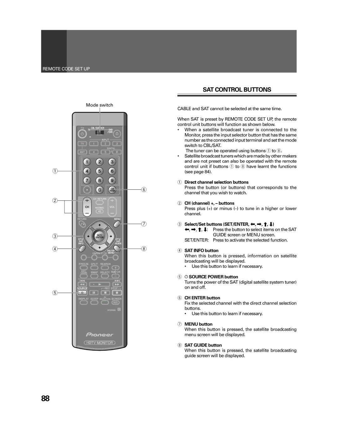 Pioneer PRO-730HDI, PRO-530HDI SAT Control Buttons, Select/Set buttons SET/ENTER, , \, », «, SAT Info button, Menu button 