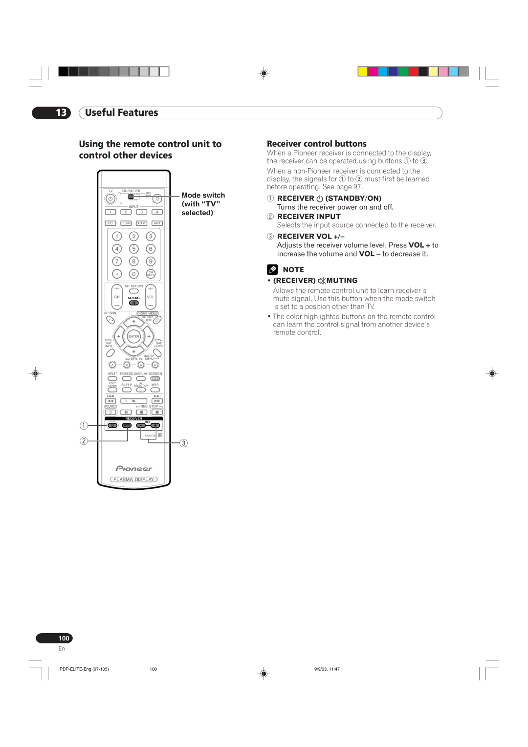 Pioneer PRO 910HD manual Using the remote control unit to control other devices, Receiver control buttons, Receiver eMUTING 