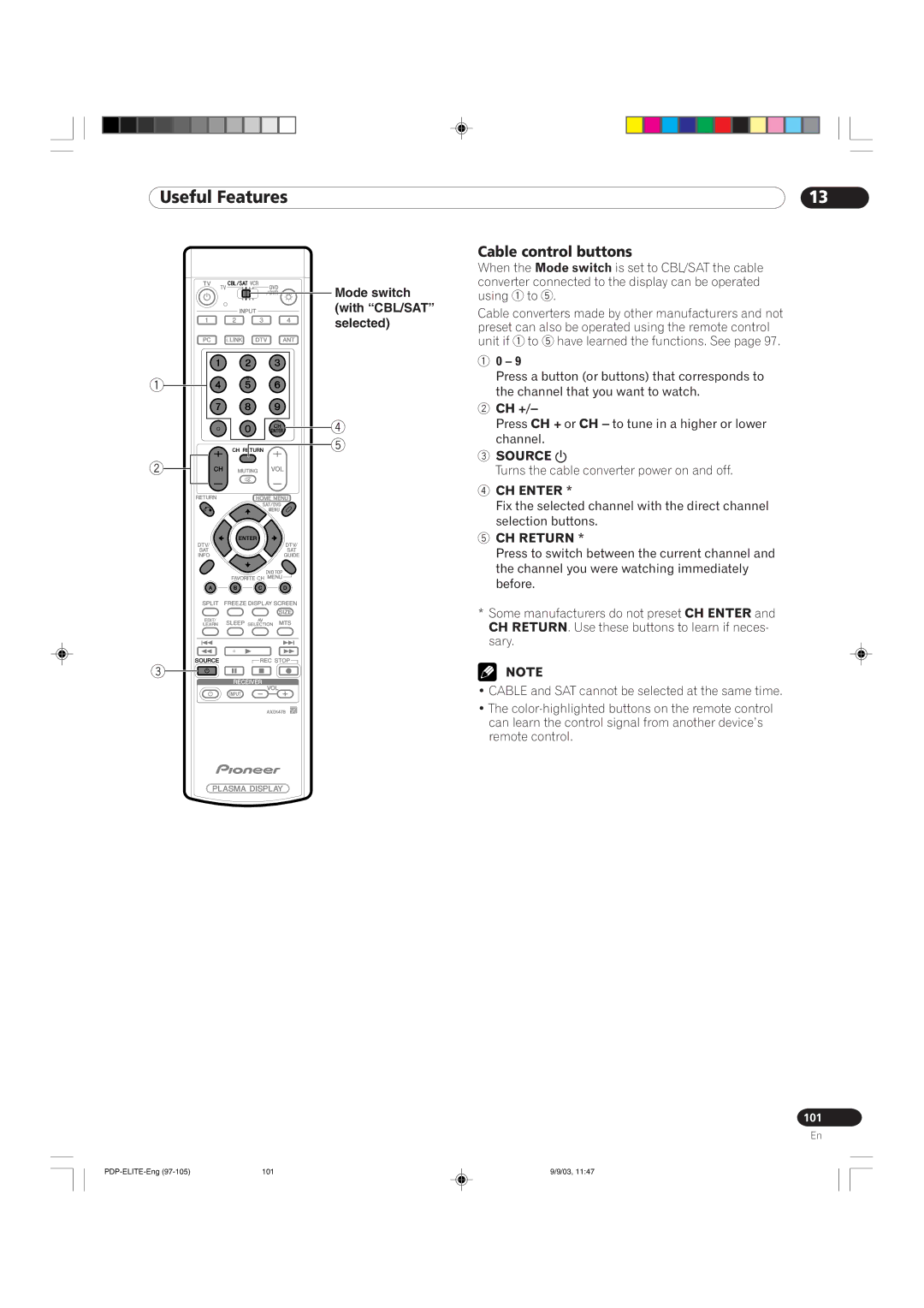 Pioneer PRO 1110HD, PRO 910HD manual Cable control buttons, Ch +, Source a 