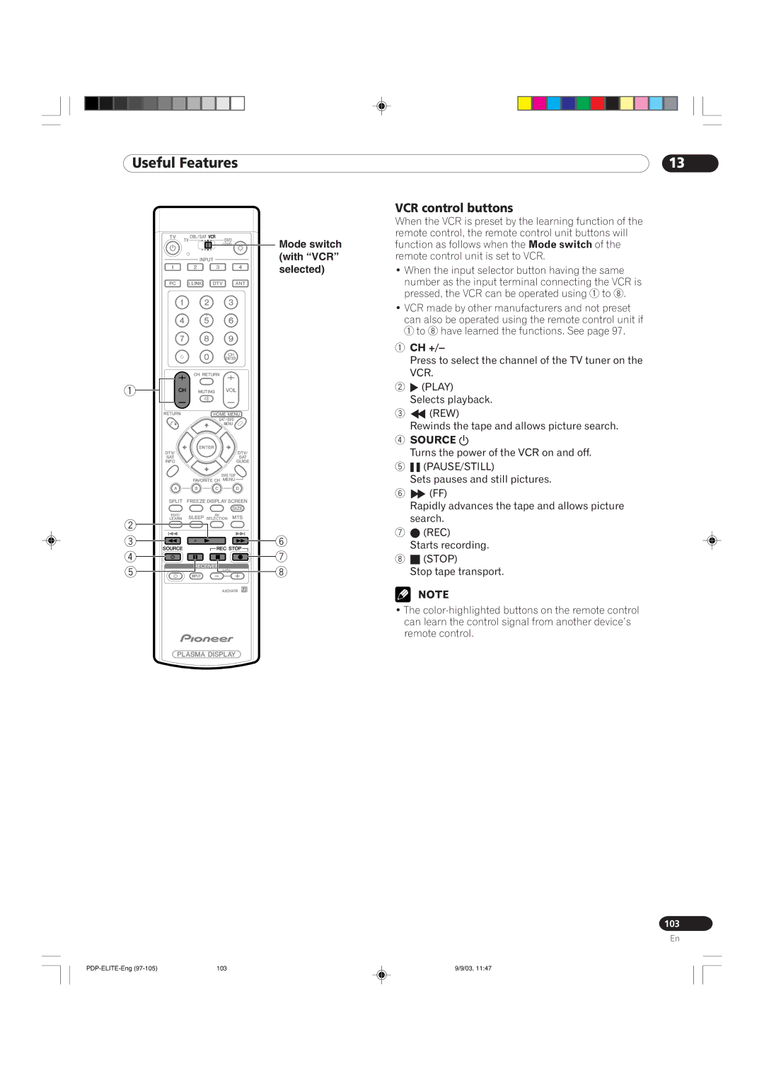 Pioneer PRO 1110HD, PRO 910HD manual VCR control buttons, Pause/Still 