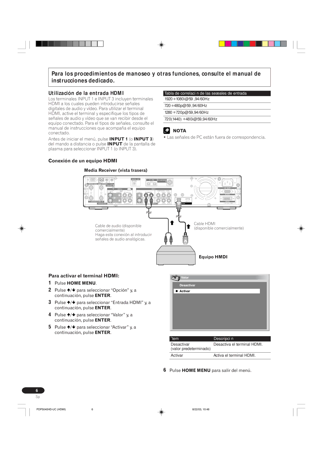 Pioneer PRO 910HD, PRO 1110HD Utilización de la entrada Hdmi, Conexión de un equipo Hdmi, Para activar el terminal Hdmi 