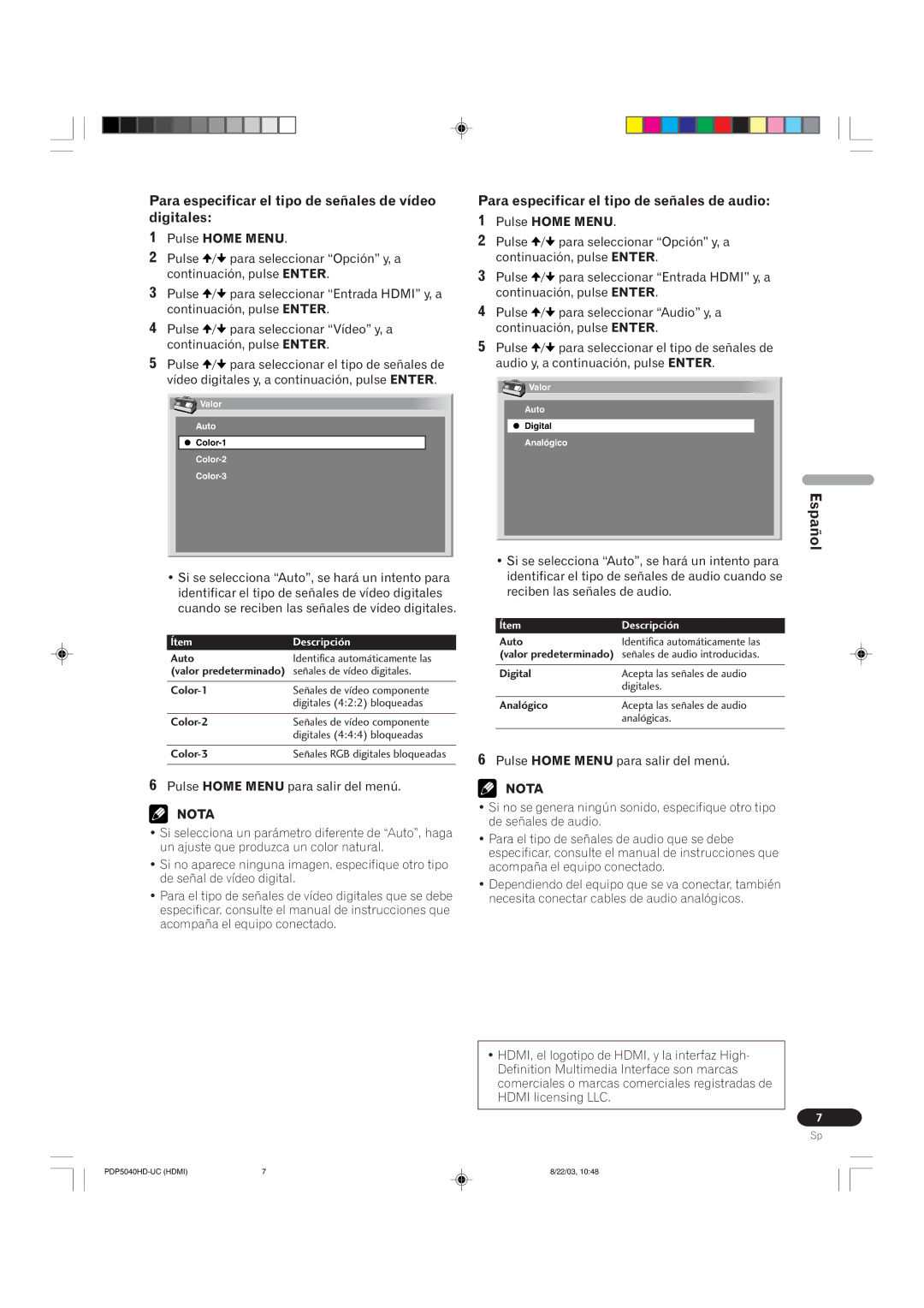 Pioneer PRO 1110HD, PRO 910HD manual Español, Para especificar el tipo de señales de vídeo digitales 