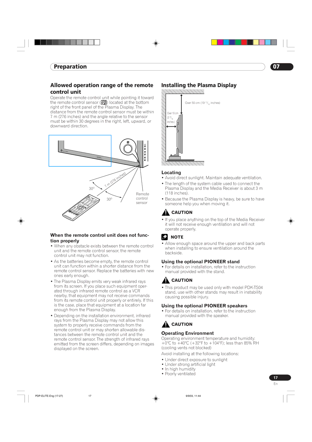 Pioneer PRO 1110HD manual Preparation, Allowed operation range of the remote control unit, Installing the Plasma Display 