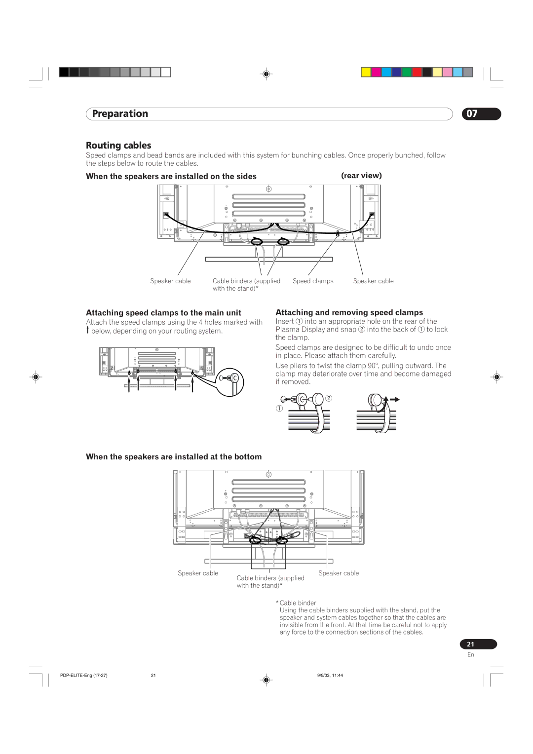 Pioneer PRO 1110HD Routing cables, When the speakers are installed on the sides, Attaching speed clamps to the main unit 