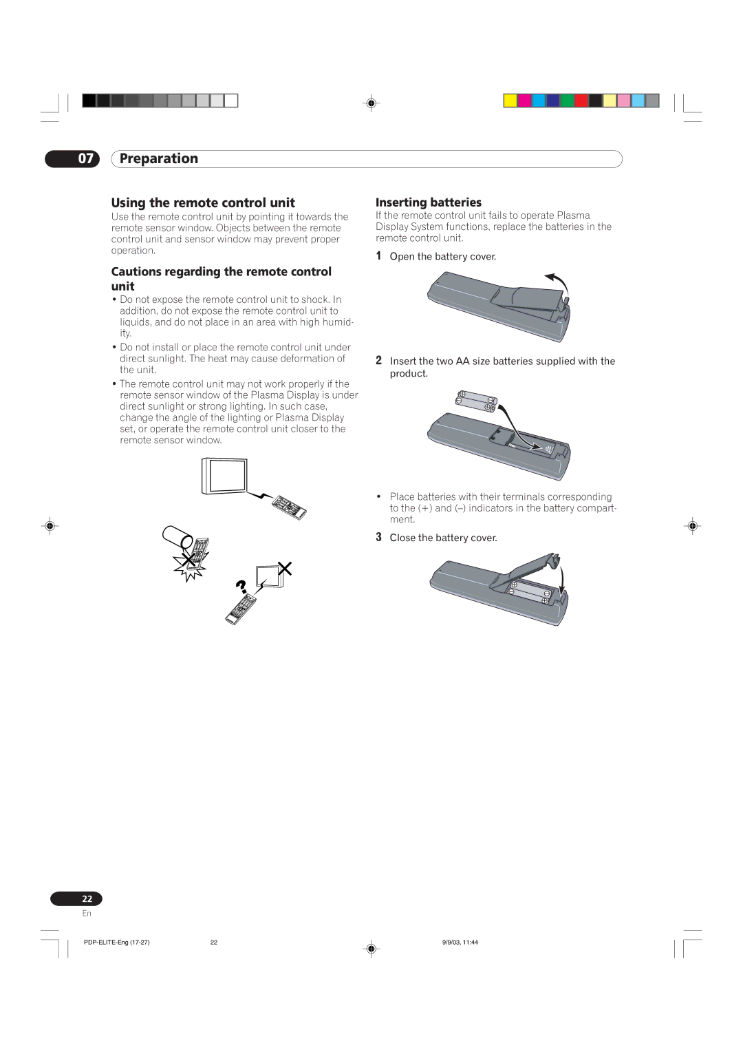 Pioneer PRO 910HD, PRO 1110HD manual Using the remote control unit, Inserting batteries 