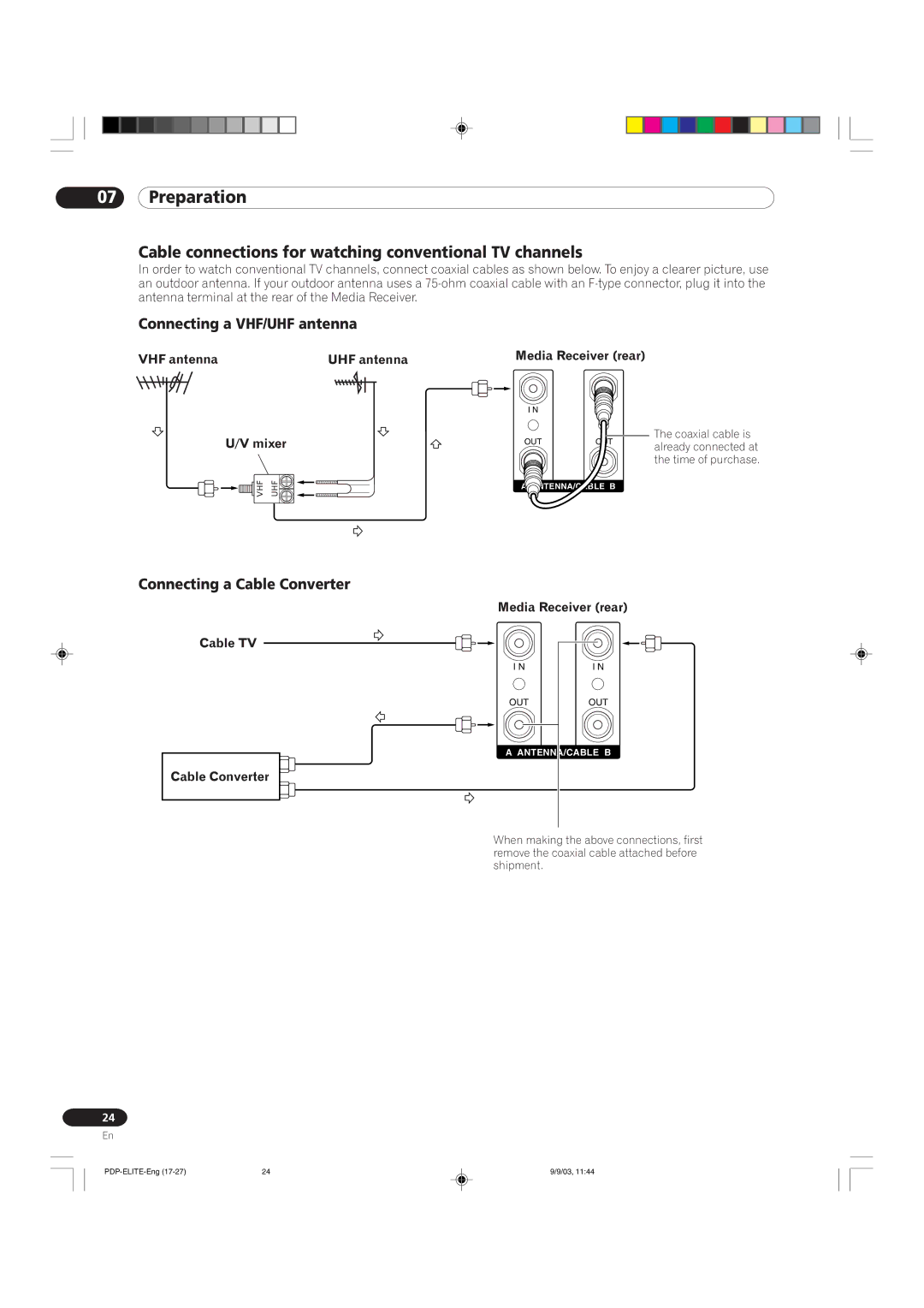 Pioneer PRO 910HD, PRO 1110HD manual Cable connections for watching conventional TV channels, Connecting a VHF/UHF antenna 