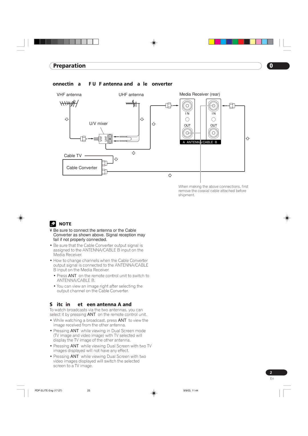 Pioneer PRO 1110HD, PRO 910HD manual Connecting a VHF/UHF antenna and Cable Converter, Switching between antenna a and B 