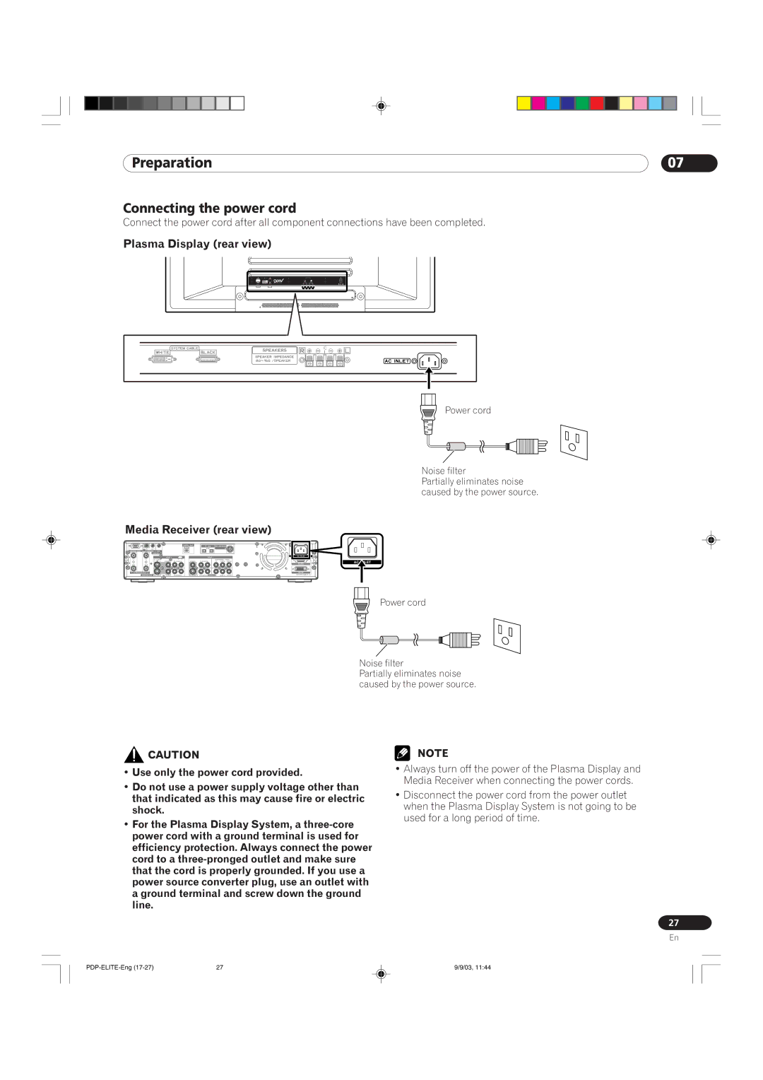 Pioneer PRO 1110HD, PRO 910HD manual Connecting the power cord, Plasma Display rear view Media Receiver rear view 