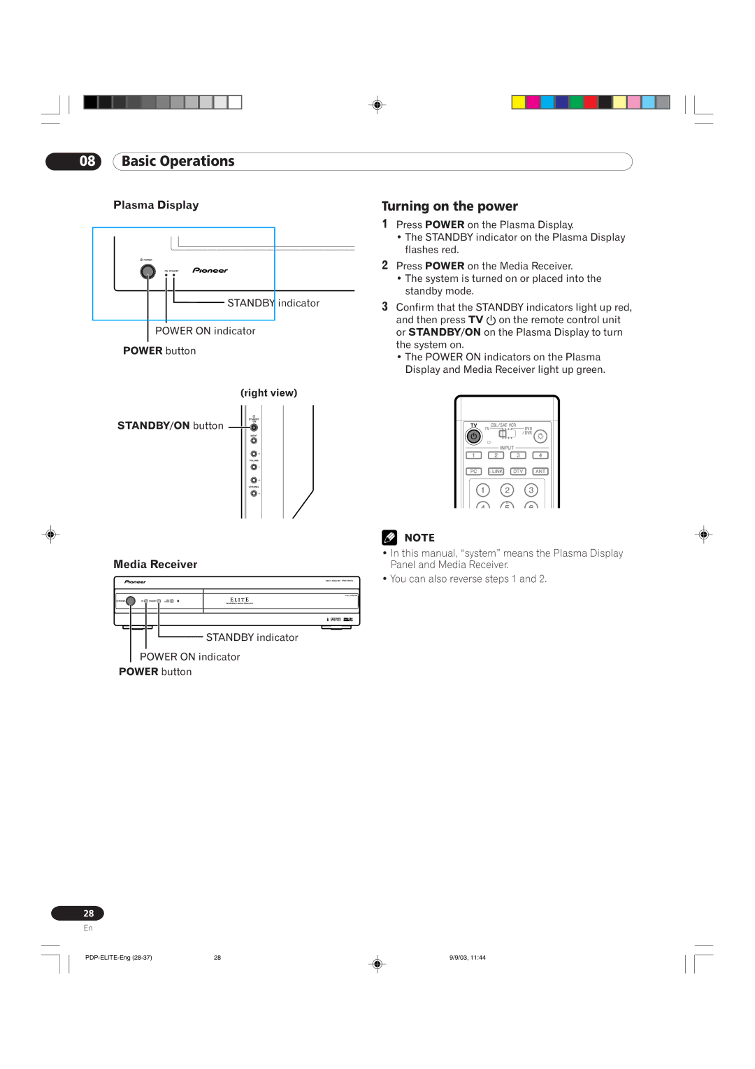 Pioneer PRO 910HD, PRO 1110HD manual Basic Operations, Turning on the power, Plasma Display, Media Receiver 