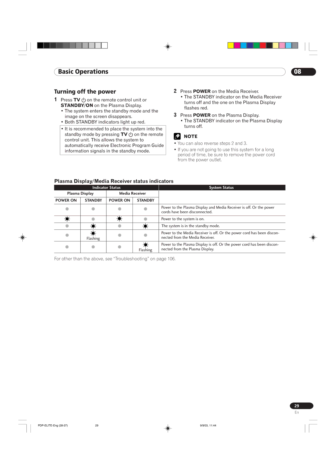 Pioneer PRO 1110HD, PRO 910HD manual Turning off the power, Plasma Display/Media Receiver status indicators 