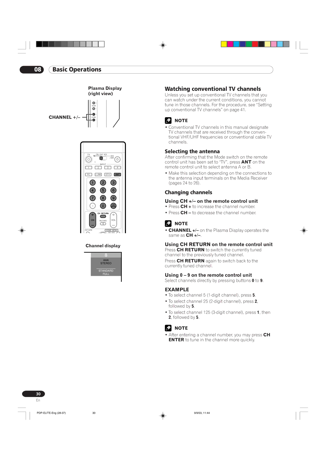 Pioneer PRO 910HD, PRO 1110HD manual Watching conventional TV channels, Selecting the antenna, Changing channels 