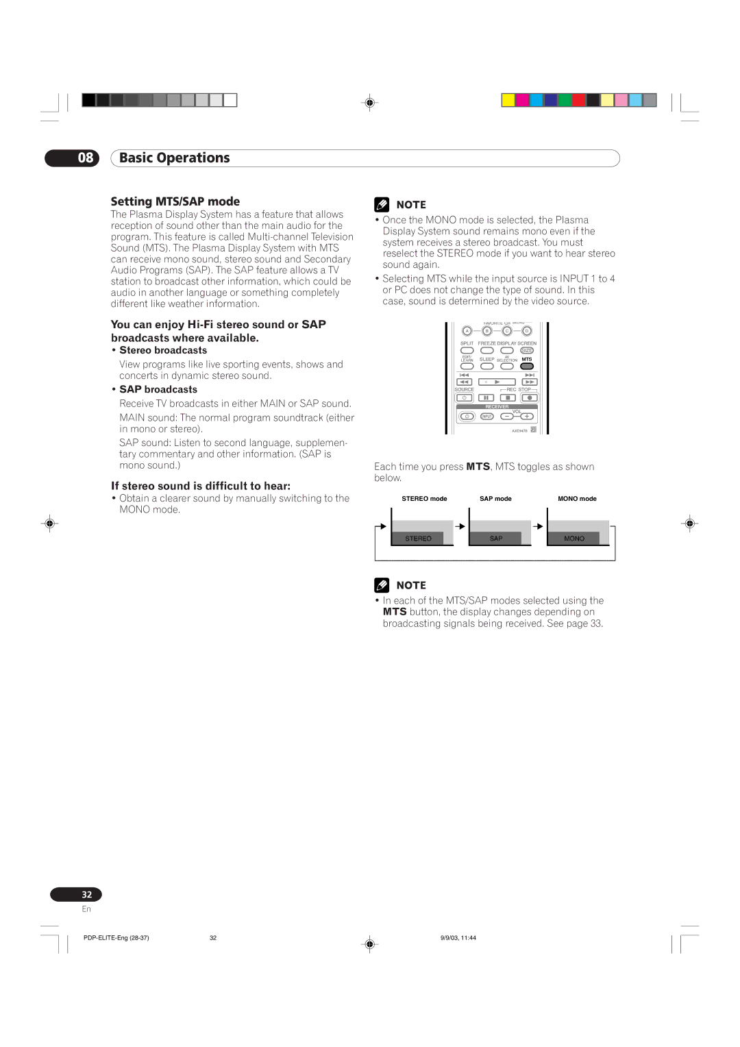 Pioneer PRO 910HD manual Setting MTS/SAP mode, If stereo sound is difficult to hear, Stereo broadcasts, SAP broadcasts 