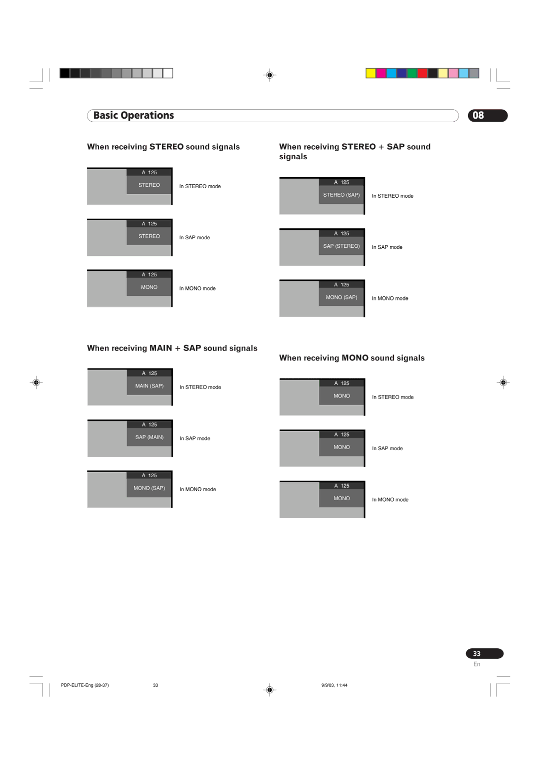 Pioneer PRO 1110HD, PRO 910HD manual When receiving Stereo + SAP sound signals, When receiving Main + SAP sound signals 