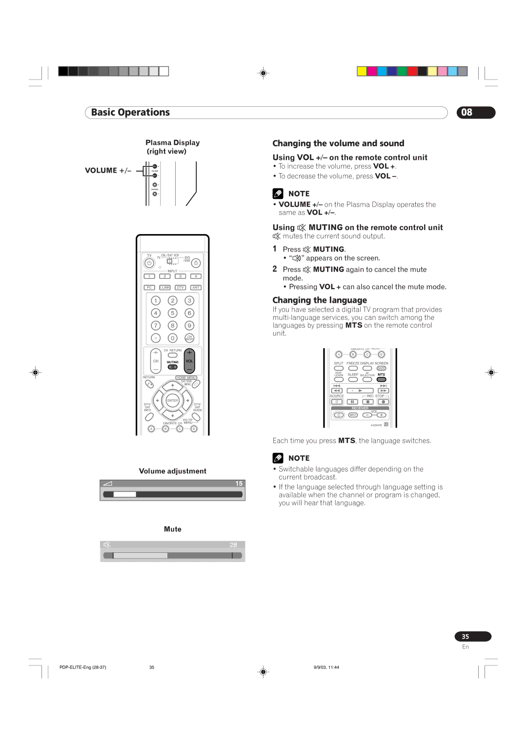 Pioneer PRO 1110HD, PRO 910HD manual Changing the language, Volume adjustment Mute 