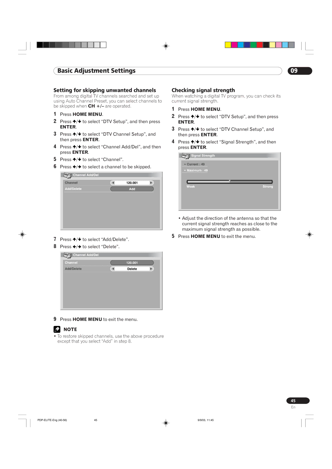 Pioneer PRO 1110HD, PRO 910HD manual Setting for skipping unwanted channels, Checking signal strength 