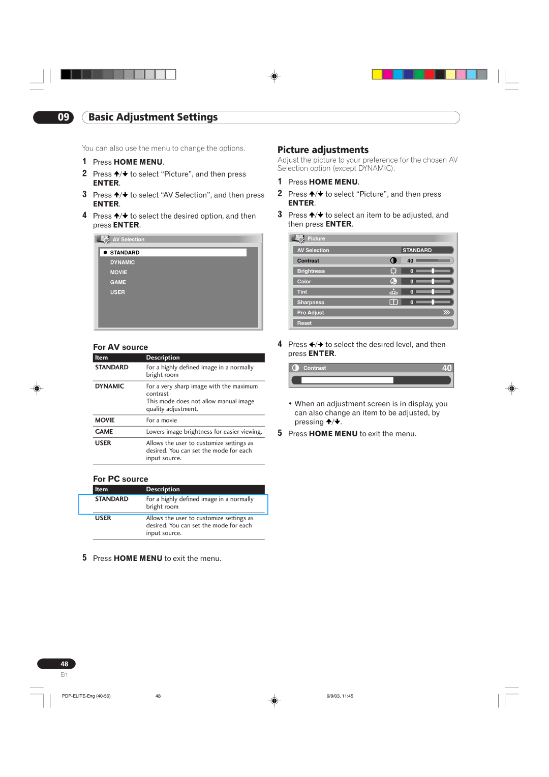 Pioneer PRO 910HD, PRO 1110HD manual Picture adjustments, For AV source, For PC source 