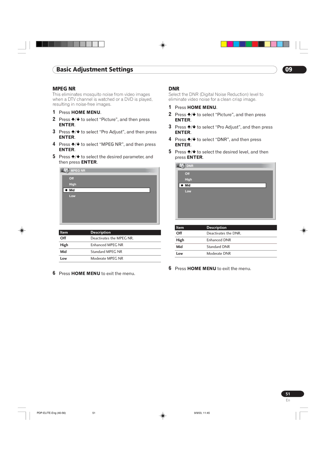 Pioneer PRO 1110HD, PRO 910HD manual Mpeg NR 