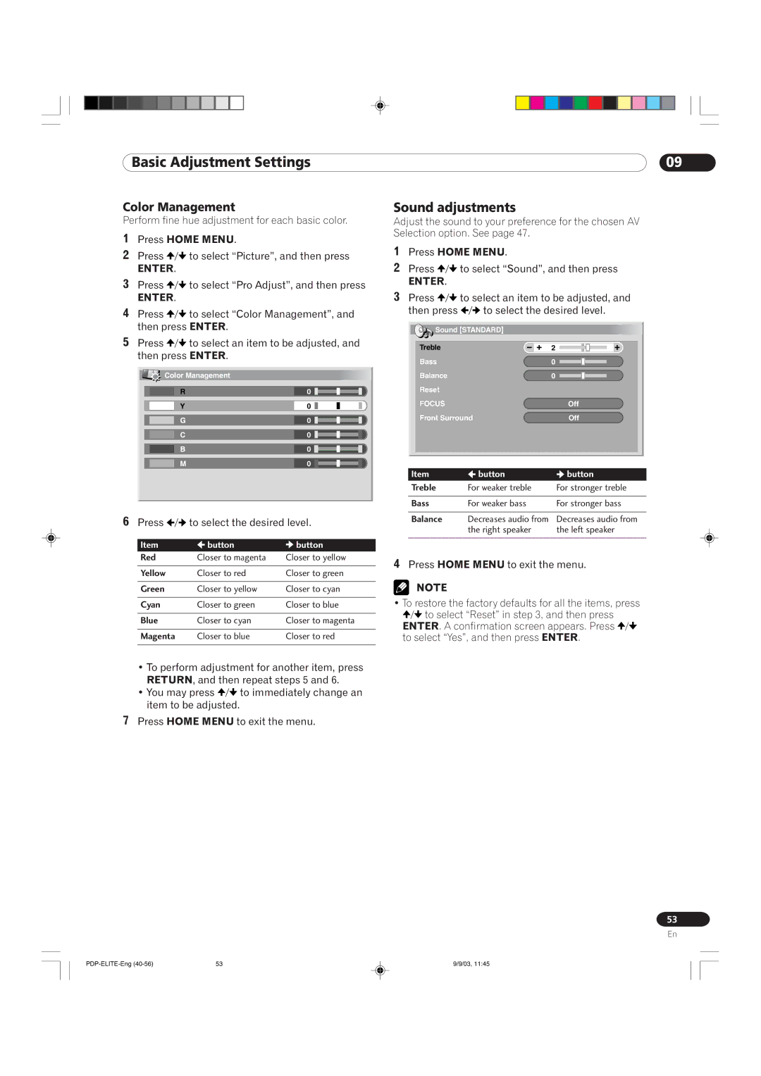 Pioneer PRO 1110HD, PRO 910HD manual Sound adjustments, Color Management 