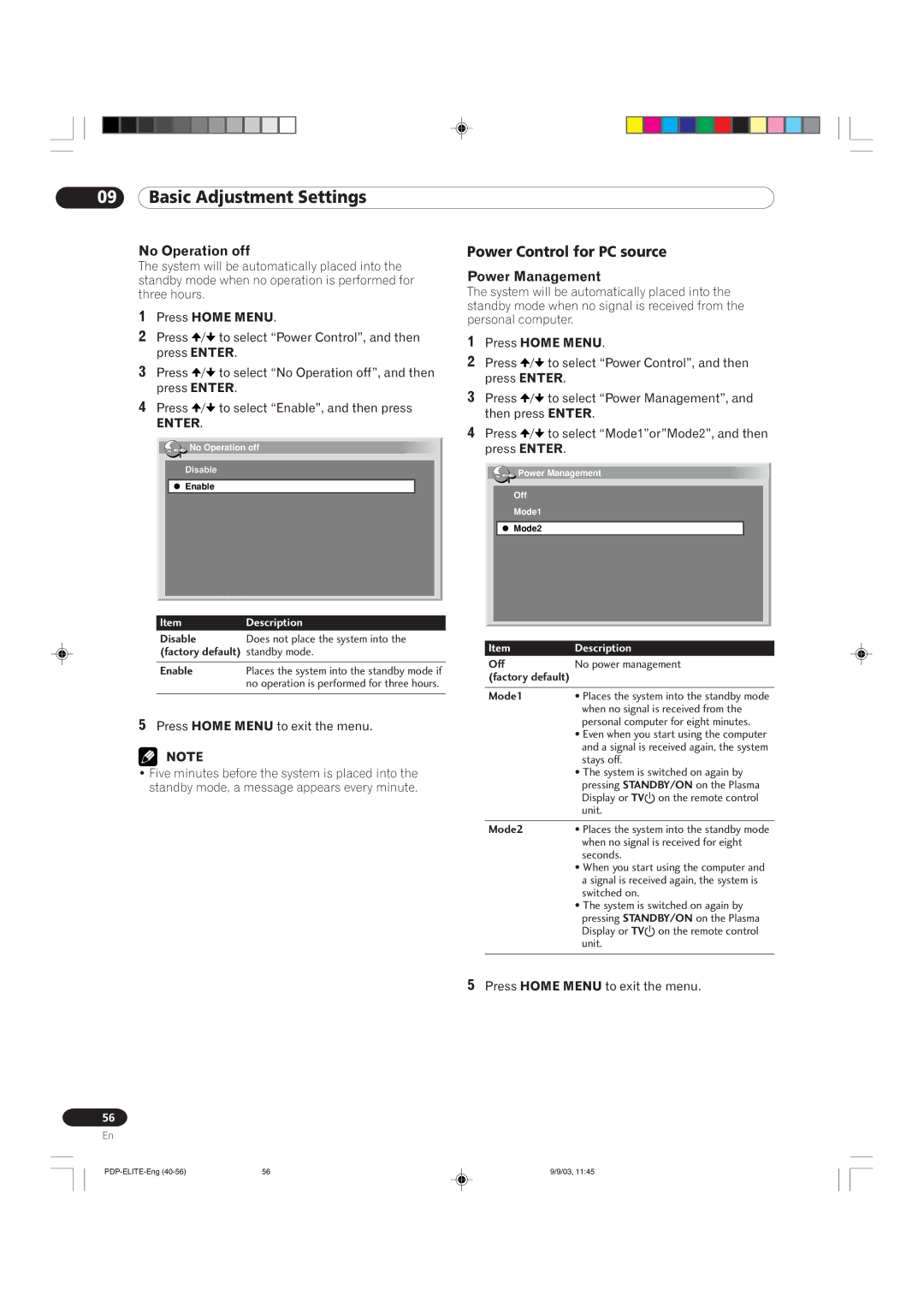 Pioneer PRO 910HD, PRO 1110HD manual Power Control for PC source, No Operation off, Power Management 